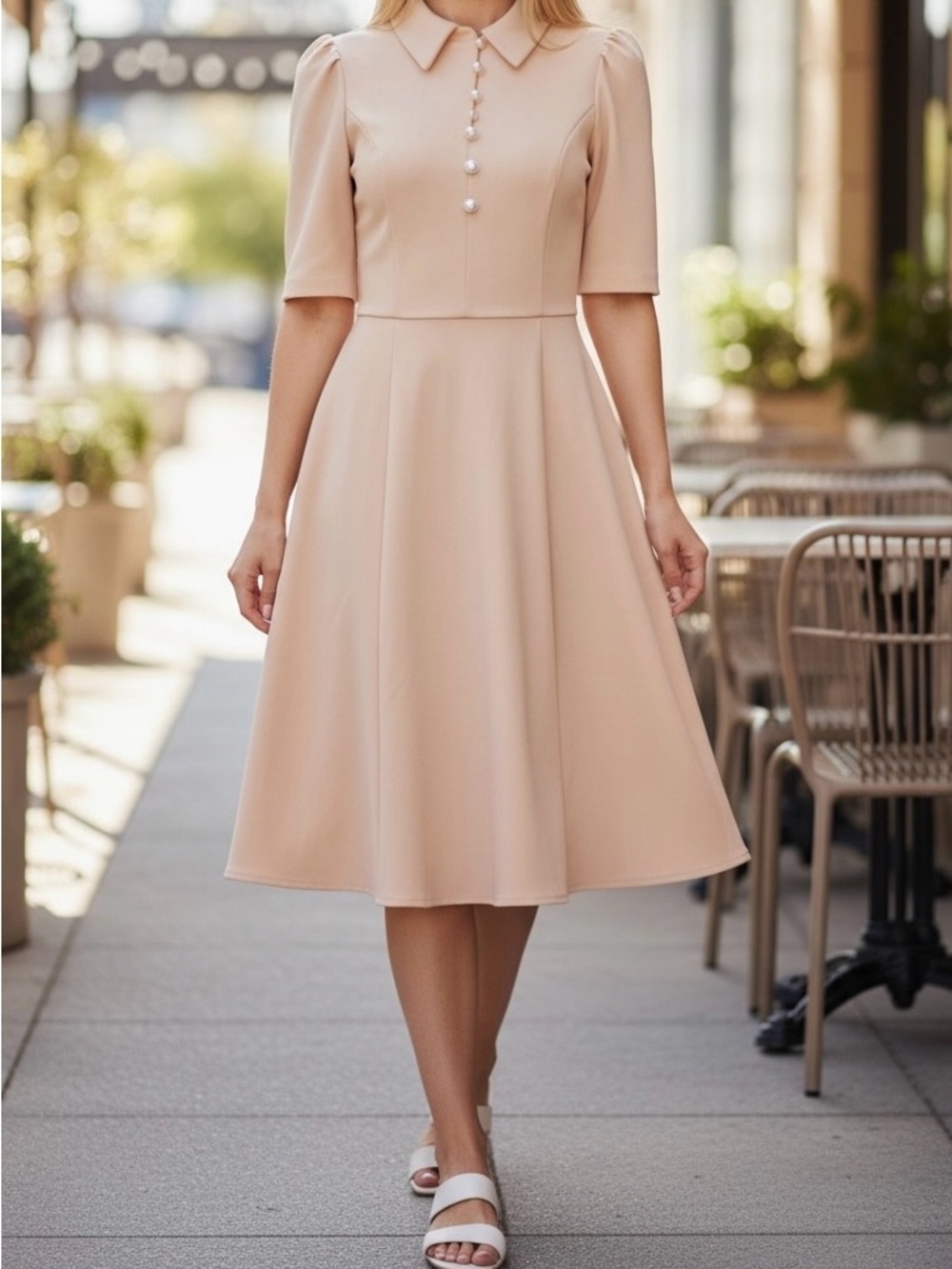 London Times Blush-Pink Collared Midi Dress